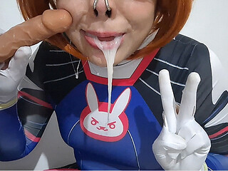 Full Version: Femboy with Dva Cosplay and BDSM Nosehook Giving a Blowjob, Eating Cum and Deepthroat to Big Dildo