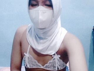 Sexy Gay femboy wearing white lingerie with hijab handjob