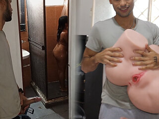 Beautiful brunette showers in her bathroom, and I seduce her to fuck her TANTALY doll after her show