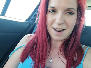 Redhead Malou gets hot and naked after shopping in the car