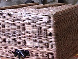 Naughty gal trapped under a basket gets disciplined in missionary position