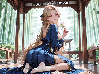Blonde Goddess in Silk! Lazy Strolls, Kneeling Glances, and Fingertips Grazing Her Chest in a Sun-drenched Japanese Corridor