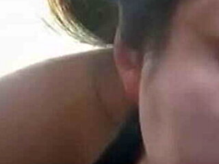 Asian babe gives hot BBC blowjob in car by the lake