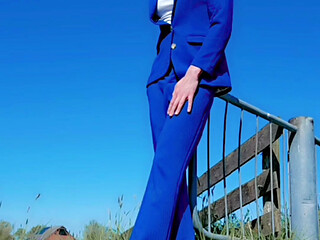 Annemieke in Blue Suit Pissing Outdoor