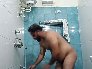 Indian Nude Daddy Enjoying a Hot Shower and Showing off His Wet Body