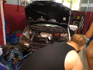 Sloppy Blowjob on Her Knees in the Garage, She Licks His Balls Clean
