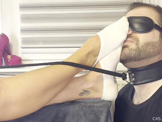 Blindfolded Foot Slave on a Leash - Smelly Socks Sniffing (Part 1)