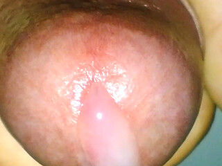 Close-up Mushroom head cock cumshot WITH handjob