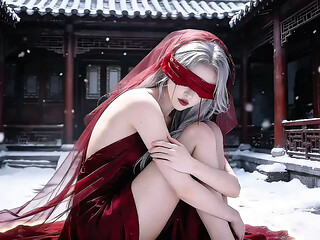 Snowy Chinese beauty gives a deepthroat blowjob in red dress