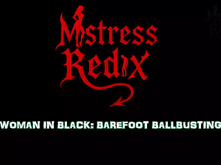 Mistress Redix - Woman in black: Barefoot Ballbusting!