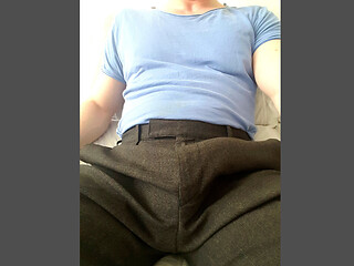 Playing with my cock in suit pants, then stripping and drenching my t-shirt in cum