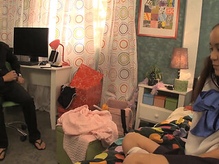 Petite Asian teen spreads her legs to take her stepfather's cock deep inside