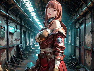 Tight Leather Suit Hugging Her Perfect Hips. She Lounges on the Broken Train Car, Hand Stroking Armor, Eyes Hazy yet Fierce.