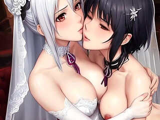 Two beautiful brides kissing lesbian