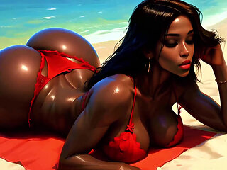 4K 100% Ai Generated 3D Soft Looping Pmv: Dark-skinned Thick Ass Gentle Twerk on Tropical Beach in Sexy Bikinis