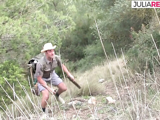 Horny girls suck and ride a huge cock on both holes outdoors
