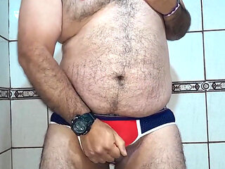 Masturbarbate Using Red Jock at Shower