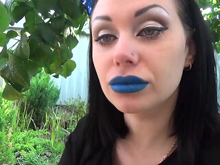 Covering Alex with blue shiny lipstick kisses all over his face outdoor! + Little tongue play!