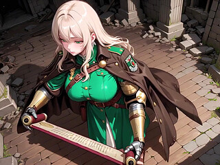 Blonde Knight's Afternoon! Green Uniform Golden Mechanical Arms, Lazily Contemplating in Ancient Stone Ruins.
