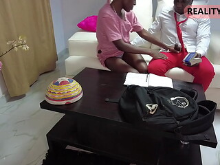 school girl fucks her class mate while studying alone in the couch