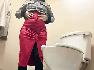 show sexy ass wear red dress in toilet room