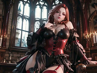 Gothic Redhead Queen! a Lavish Coronation in the Candlelit Hall, Kneeling with a Golden Cup and Sheer Stockings