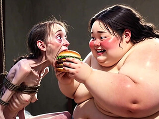 Skinny Girl Getting Fed by Huge Fat Woman - Contrast Feeding Fetish