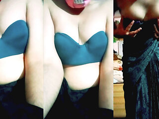 Indian Gay Crossdresser Gaurisissy Pressing Her Big Boobs in Balck Saree XXX Sex