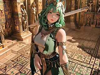 Green-haired Egyptian Queen! Kneeling in the Golden Hall, Guarded by Sphinxes.