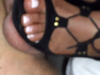 Ebony Princess Cock Trample and Shoejob in Black Sandals