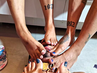 Six Goddess Feet on the Face of a Submissive Guy