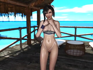 Skinny wet Tifa Lockhart in lowered bikini casually dancing on the beach