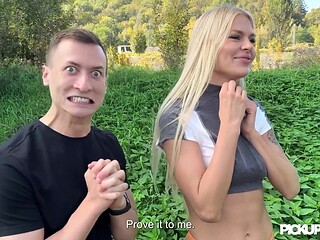 Long-Legged Blonde Zlata Shine gives a sloppy blowjob to her lucky pickup