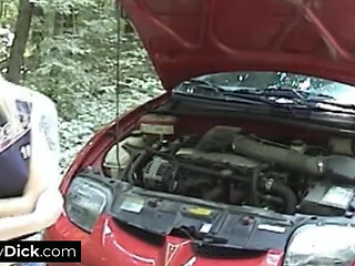 Small dick guy getting an outdoor blowjob from a horny blonde