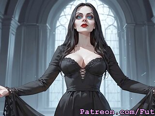 Morticia Addams explores her hermaphroditic side in solo fun