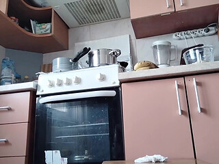 Hot Wife Prepares Naked Food in the Kitchen. Amateur Wife with Hairy Pussy, Big Tits, Big Ass.
