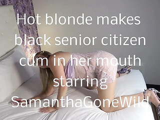 Tattooed black babe gives sloppy blowjob to a senior citizen