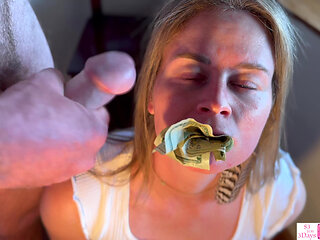 Stuffing dollar bills in Jade Kink wet pussy and facial cumshot