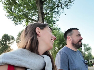 MILF mom gives a deepthroat blowjob in a field near a campsite