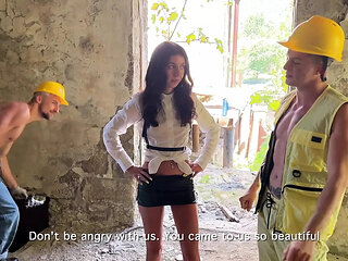 Three workers persuade a fragile inspector to fuck. Katty West services DisDiger, Falcon Al and Kit Belove