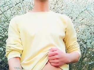 Spring Jerking Backyard - Fat Dick, 2 Cumshots and Own Cum Licking