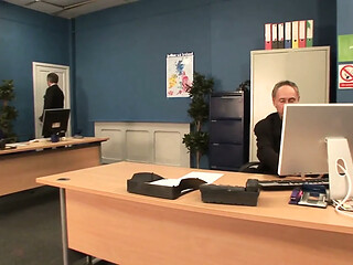 Hard group sex action with a brunette whore in the office