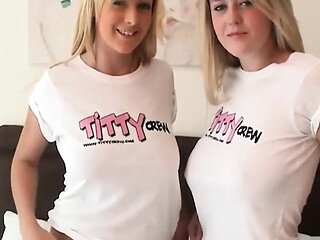 Two blonde babes with big natural tits engage in steamy kisses and playful