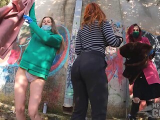 Three Naked Redheads Tag Abandoned Wall with Graffiti and Dance