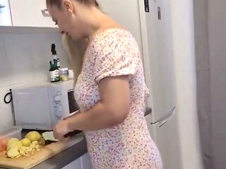 Naughty MILF Cucumber Masturbation in the Kitchen