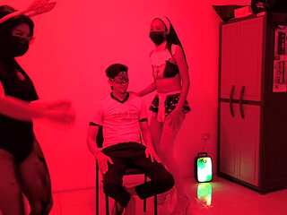 Shy birthday boy gets a sensual dance from two sluts in lingerie