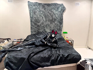 Latex Drone Activation - Gas Mask Transformation in Glossy Black Latex