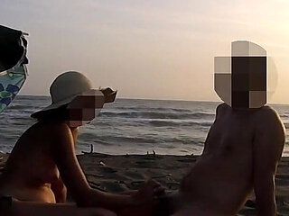 French Teacher Extreme Public Blowjob on Nudist Beach with Voyeurs and Cumshot