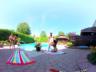 Sultry Shana and sizzling Heidi in a steamy foursome by the pool