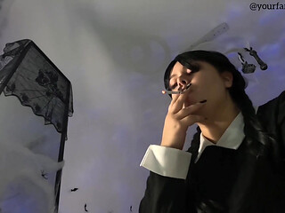 Wednsday Smoking a Cigarette Close-up